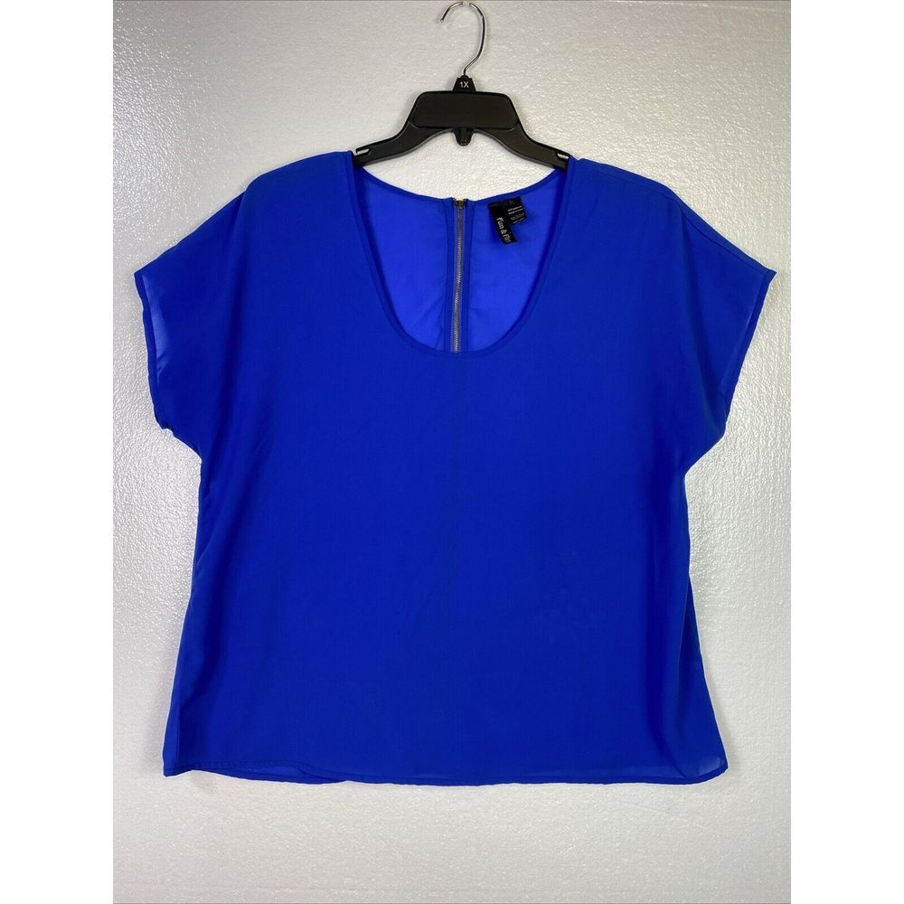 Fun &‎ Flirt Blouse XL Womens Blue Exposed Zipper Cap sleeve Round neck Career